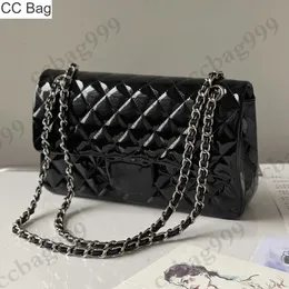 Projektant toreb CC Błyszczące torebki pikowane z klapką ze skóry lakierowanej Klasyczne damskie torebki o średnim blasku Vintage Srebrny metaliczny łańcuszek Totes Crossbody Z etui Portmonetki na monety 25C