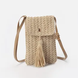 Kvällspåsar kvinnor halm strand väska semester mobiltelefon shouder väska sommar tassel mini crossbody väska för lady gril rese bohemian stil 230710