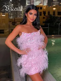 Sukienki na co dzień VC różowa bez ramiączek krótka sukienka na studniówkę kobiety seksowna bez rękawów Party Mini cekiny z piórkiem Mujer Vestido