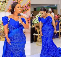 Royal Blue South Africa Nigeria Black Girls Mermaid aftonklänningar Delikat Emboridery Ruched Crystals Prom -klänningar plus Slim Fit Second Reception Dress CL2601