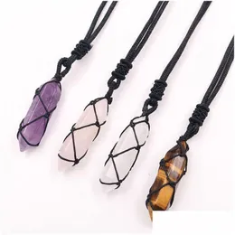 Pendant Necklaces Rope Wrap Natural Stone Necklace Pink Quartz Aventurine Amethysts Point Hexagonal Crystal Pendum For Women Drop De Dhmlx