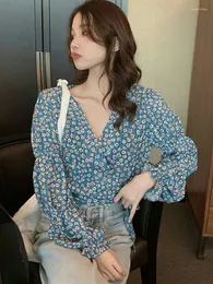Kadın Bluzları Ggright Bahar 2023 Kadın Moda Vintage Çiçek Baskı Şifon Kimya Femme Çapraz V Boyun Dantel Yukarı Uzun Kollu Üst