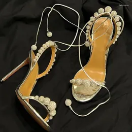 Sier Strap Sandals Ball Rhinestone Stiletto Woman Summer Lace Up Open Toe Hollow High Heel Shoes for Women Party Banquet