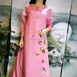 エスニック服 2023 シネスタイル女性ヴィンテージチャイナコットンラインチーパオドレスアオザイ繊細な刺繍ルース袍 Pd