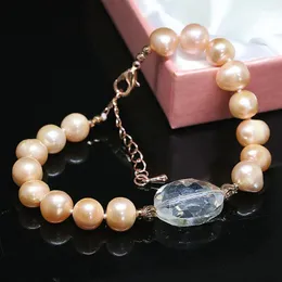 Link Bracelets Classical Natural Freshwater Orange 9-10mm Pearl Bracelet Round Beads Crystal Lovely Beautiful Jewelry B1409