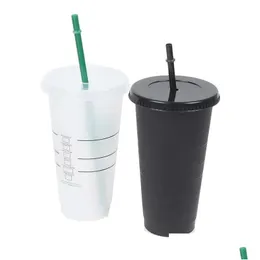 Canecas Sublimação 710Ml Preto Branco St Copos Com Tampa Mudança De Cor Copo De Café Reutilizável Copo De Plástico Acabamento Fosco Caneca De Café Drop D Dhk4Z