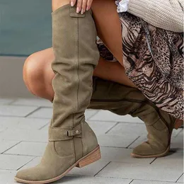 Boots Women Knee High Boots Solid Solid Suede Ladies Boot Autumn Warm Pointed Tee Sexy Zipper Low Heel Pumps Most Female Shoes L230711