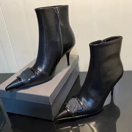 Cagole Bootie Schwarze Damen-Stiletto-Absatz-Modestiefel, Pantoletten, Eidechsenleder, spitze Zehen, Reißverschluss-Stiefeletten, Luxus-Designer-Fabrikschuhe, mit Box