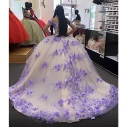 Flieder-Lavendel-Prinzessin-Quinceanera-Kleider mit Blumenapplikationen, herzförmiger, schulterfreier Abschlussball, süßes 16-Schnürkleid für 15 Jahre