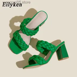 Тапочки eilyken летние плетения Slipers Slides Женщины открытые пальцы на высоких высоких каблуках сандалии женский отдых пляж зеленые белые шлепанцы обувь T230711
