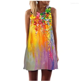 Freizeitkleider Sommer Damen Tie Dyed 3D-Druck Weste Kleid O-Ausschnitt Lose ärmellos A-Linie Minirock Party Strand Sommerkleid