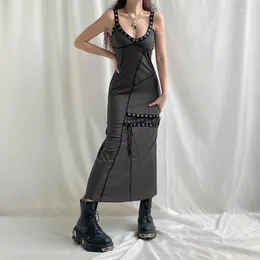 Vestidos casuais Linha A Fashion Escuro Assimétrico Costurado Suspensório Linha A Vestido maxi solto com cadarço
