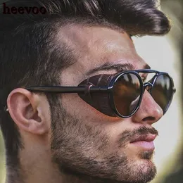 Yuvarlak Steampunk Güneş Gözlüğü Erkekler Klasik Marka Tasarımcısı Vintage Punk Perçin Sargı Gözlükleri Erkek Oculos için Retro Deri Güneş Gözlüğü