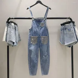 Kvinnors jeans mode pärlor remmar denim byxor för kvinnor overaller sommar avslappnad lös nit rippade hål jumpsuit kvinnlig streetwear