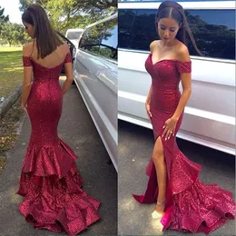 Cranberry Mermaid Prom Dresses Off the Shoulder Split Front Sparkling Sequins Sexy Back Pageant Gowns Ruffles Court Train