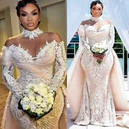 2023 Arabic Aso Ebi Mermaid Lace Wedding Dress Sheer Neck Beaded Illusion Vintage Sexy Bridal Gowns Dresses ZJ2020