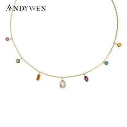 Pendant Necklaces ANDYWEN Winter 925 Sterling Silver Gold Zircon Charm Choker Necklace Long Chain 2*3mm 4*6mm Colorful Women Wedding Party Jewels HKD230712