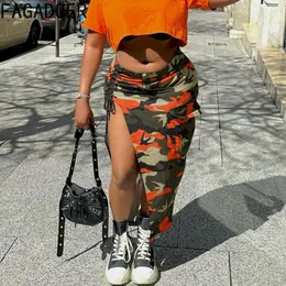 Skirts FAGADOER Fashion Camouflage Print Cargo Women High Waisted Side Bandage Silt Midi Skirt Casual Female Bottoms 2023