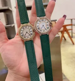 36mm Couple Green Leather Quartz Watch Geometric Roman Number Watches Women Men Square Diamond Wristwatch Zircon Circle Clock