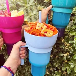 Mugs 2 In 1 Snack Bowl Drink Cup with Straw Portable Stadium Tumbler Color Change Splash Proof Leakproof Container 230711