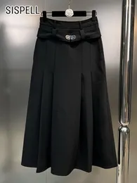 Skirts SISPELL Patchwoork Metal Buckle Casual For Women High Waist Spliced Belt A Line Pleated Skirt Female Summer 2023 Style