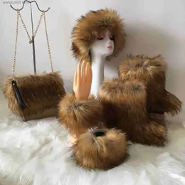 Stövlar kvinnor vinter fluffy faux päls stövlar med pannband shoppingväska och manschett lyxdesigner stövlar grossistflickans snöstövlar stora 44 T230712