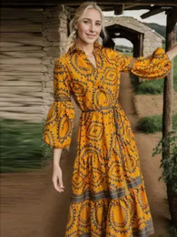 Abiti casual di alta qualità da donna autunno moda stampata bohemien con lacci giallo party chic elegante manica lunga per le donne