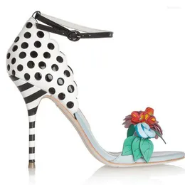 Beleza folhas flores sandálias de verão saltos altos woman polka dot ondulou listra estiletto tornozelo tira partida sapatos de sandalia 5