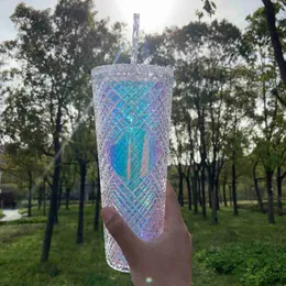 Kubki Diamond Radiant słomkowy kubek z pokrywką 701-800ml letni kubek zimnej wody kubek ze słomką dwuwarstwowy plastikowy Durian kubek do kawy R230712
