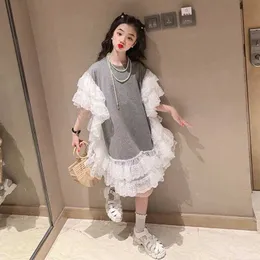 Girl's Dresses Korea Style Girl Dress Summer New Mesh Patchwork Princess Dress Puff Sleeve Gray Dress Teenage Clothes Kids Ruffles Dress Wz1155HKD230712