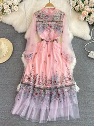 Vestidos Casuais Verão Flor Letra Bordado Vestido 2023 Moda Feminina Manga Longa Malha Renda Babados Lindos Tules Vestidos