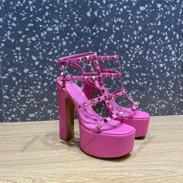 designer heels platform sandals big rivet block rivet chain high heels pink white wedding shoes fashion party vacation