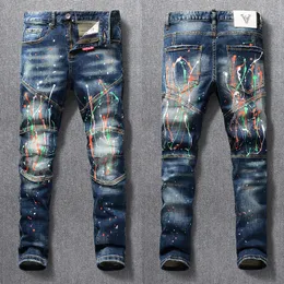 Jeans Masculino Moda de Rua Masculino Retro Azul Stretch Ajuste Justo Pintado Rasgado Emendado Designer Hip Hop Denim Calça Motociclista Hombre 230711