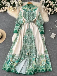 Basic Casual Dresses Fashion Track Green Pink Maxi Dress Women's Clothing Long Lantern Sleeves Single Breast Printed Belt Party Tank Top 230711