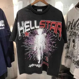 メンズ Tシャツ黒ヘルスター Tシャツ夏新ヴィンテージ高品質ベットプリント HELLSTAR クルーネック半袖 Tシャツ男性女性 T230712