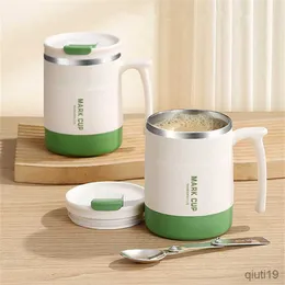 Mugs Stainless Steel Coffee Mug with Folding Spoon Travel Double Wall Water Tumbler Office Home Milk Tea Breakfast Handle Cups R230712