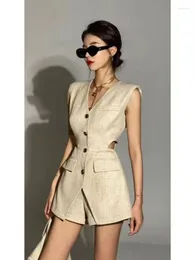 Women's Tracksuits Casual Linen Women Suits 2 Pieces V Neck Buttons Vest Blazer High Waist Wide Leg Shorts Fashion 2023 Summer Vintage Sets