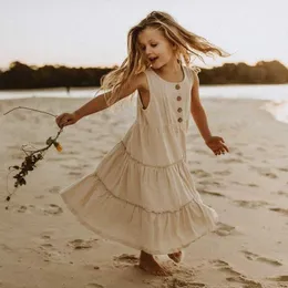 Girl's Dresses Girls Bohemian Long Maxi Linen Dress Summer New Beach Style Ruffled Casual Sleeveless Suspender Dresses TZ227HKD230712