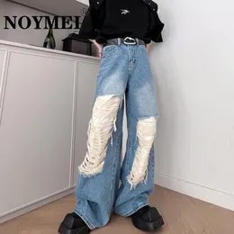 Men s Jeans NOYMEI High Street Solid Color Hole Design Loose Men Jean Fashionable Wide Leg Straight Pant Korean 2023 Spring Trousers WA1304 230711