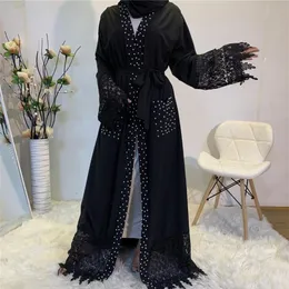 Etniska kläder 2021 Nida hög kvalitet Pretty Lace Abaya Luxury White Pearls Diamond Open Dubai UAE Modest Black Abayas With Pocke261x