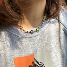 Catene Collana di perline di vetro con petali di margherita a sette colori Collana di perline di perle d'imitazione con cordino femminile N1384