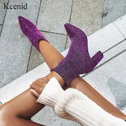 Buty Kcenid nowe Bling modne buty damskie szpiczasty nosek Snkle skarpety buty wysokie obcasy buty jesienno-zimowa kobiece rozciągliwe buty fioletowe L230712