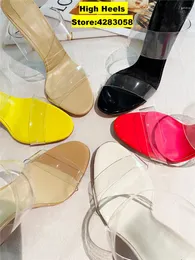 슬리퍼 캐주얼 디자이너 여성 샌들 PVC 투명한 가죽 가죽 끈으로 묶인 하이힐 PEEP 발가락 샌들 리아 Zapatos Zapatos Mujer Muler