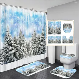 ستائر دش الأشجار Snowscape Scenery Startain Sertain مجموعات غطاء مرحاض السجاد غير القابل للانزلاق وغطاء حمام مقاوم للماء الحمام