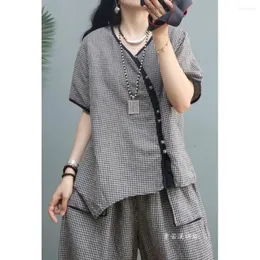 Women's Two Piece Pants Summer Womens Outfits Female Cotton And Linen Clothes Sets Women Short Sleeve Plaid Shirts Tops Loose
