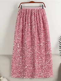 Gonne SURMIITRO Midi Gonna lunga a pieghe Donna 2023 Estate Moda coreana Rosa Paillettes Estetica Una linea Vita alta Matita femminile