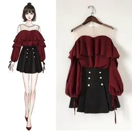 Dress Women's Autumn Suit Lovely Offtheshoulder Top and Short Skirt Twopiece Kawaii Girl's Streetwear Korean Elegant Sets