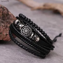 IFMIA 4 pezzi set bracciali in pelle regolabili per uomo intrecciato PU nero marrone braccialetto vita albero foglia timone braccialetto di fascino regalo L230704