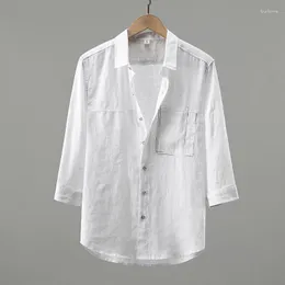 Camicie casual da uomo Camicia a maniche a 3/4 in lino Camicia estiva ampia oversize tinta unita Colletto rovesciato Camicetta traspirante classica di alta moda