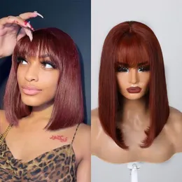 Nadula Hair 4x1 T Part Cute Bob Wig Reddish Brown with Bangs Awayer Natural Straight Lace Lace Precked Hairline
